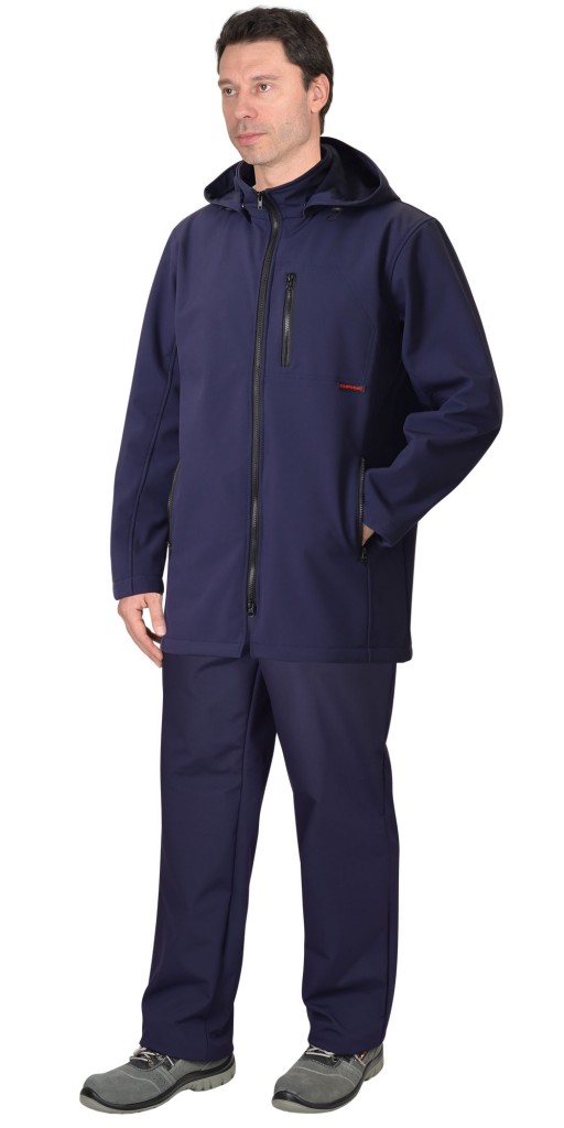 Куртка &quot;АРТ. 55960&quot; удлиненная синяя с капюшоном, софтшелл (ЧЗ)